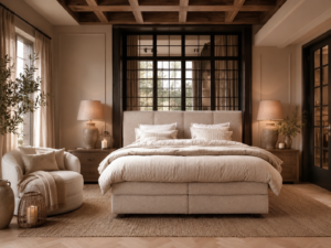 Riviera Maison Eugene luxe boxspring met afgerond gestoffeerd hoofdbord in warme beige meubelstof, modern landelijke slaapkamer met natuurlijke materialen bij Moon Slaapadviseurs Rotterdam.