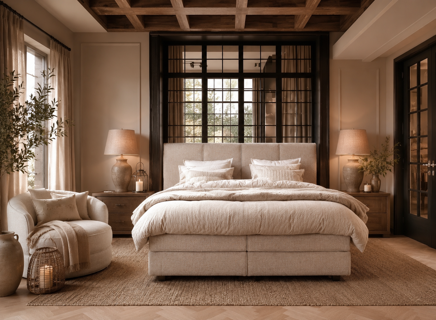 Riviera Maison Eugene – Luxe Boxspring in Modern Landelijke Stijl Riviera Maison Eugene luxe boxspring met afgerond gestoffeerd hoofdbord in warme beige meubelstof, modern landelijke slaapkamer met natuurlijke materialen bij Moon Slaapadviseurs Rotterdam.