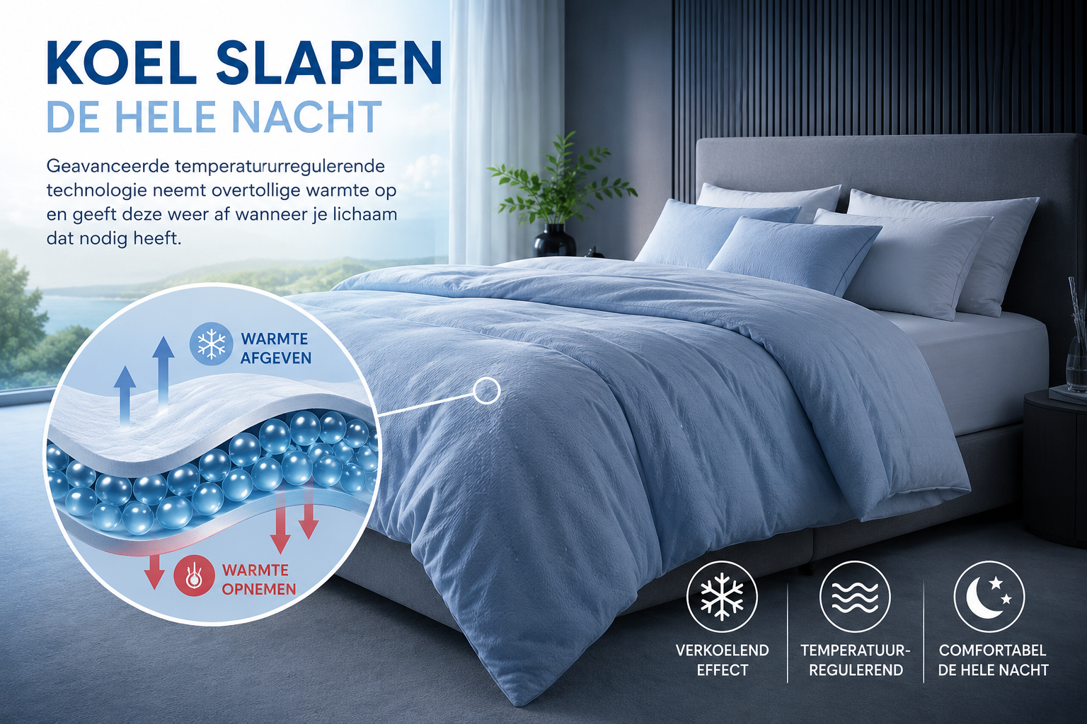 Zenzo Outlast® beddengoed bij Moon Slapen, de grootste slaapspecialist van Nederland, zorgt voor actief verkoelend slaapcomfort en optimale temperatuurregulatie tijdens de nacht.