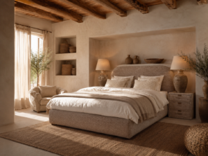 Riviera Maison Thomas modern landelijk bed met afgerond hoofdbord in luxe beige meubelstof, gestyled met natuurlijke materialen en warme accessoires in een sfeervolle slaapkamer bij Moon Slaapadviseurs Rotterdam.