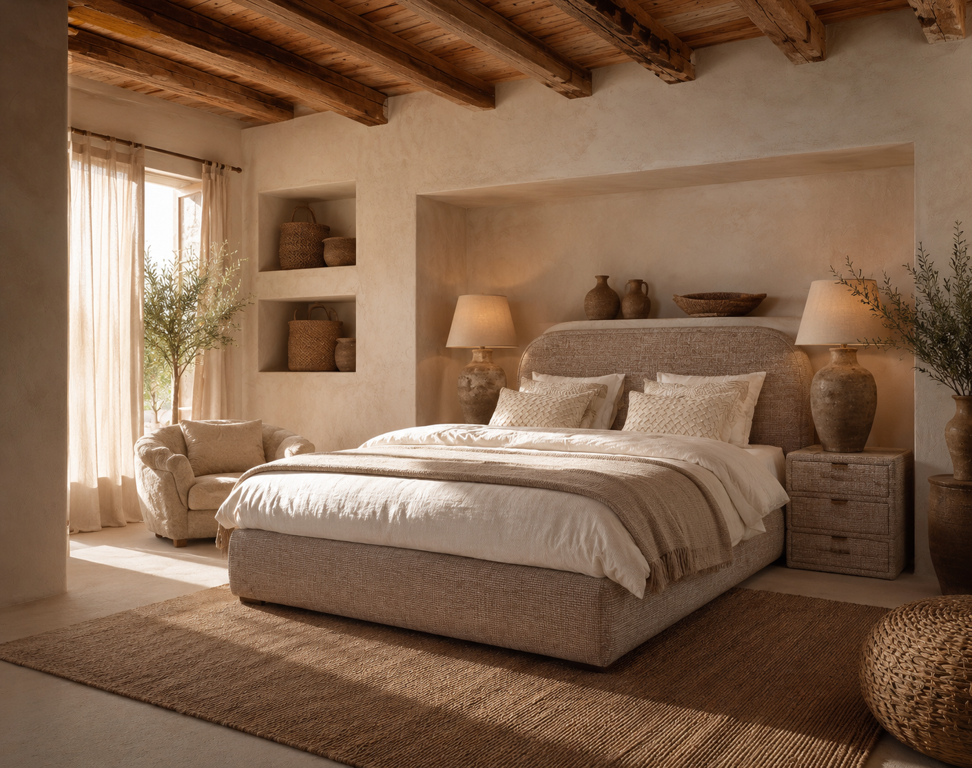 riviera maison Thomas bed Riviera Maison Thomas modern landelijk bed met afgerond hoofdbord in luxe beige meubelstof, gestyled met natuurlijke materialen en warme accessoires in een sfeervolle slaapkamer bij Moon Slaapadviseurs Rotterdam.