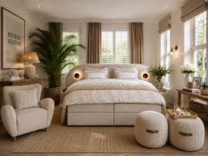 Riviera Maison Cassandra boxspring in luxe beige meubelstof met royaal gestoffeerd hoofdbord, stijlvol bedtextiel en Riviera Maison accessoires in de exclusieve showroom van Moon Slaapadviseurs Rotterdam.