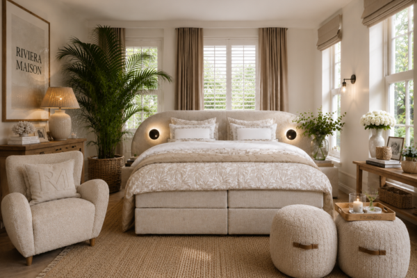 Riviera Maison Cassandra boxspring in luxe beige meubelstof met royaal gestoffeerd hoofdbord, stijlvol bedtextiel en Riviera Maison accessoires in de exclusieve showroom van Moon Slaapadviseurs Rotterdam.