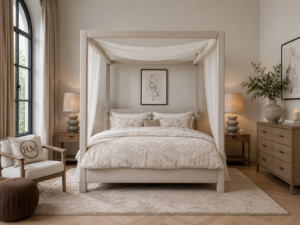 Riviera Maison Philip gestoffeerd hemelbed in luxe hotel chique slaapkamer met volledig gestoffeerd frame en poten, exclusief verkrijgbaar bij Moon Slaapadviseurs Rotterdam.