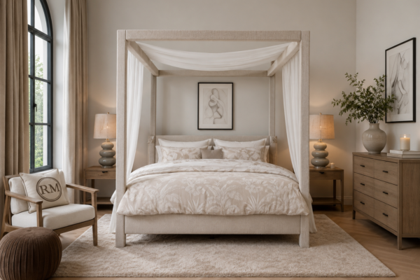 Riviera Maison Philip gestoffeerd hemelbed in luxe hotel chique slaapkamer met volledig gestoffeerd frame en poten, exclusief verkrijgbaar bij Moon Slaapadviseurs Rotterdam.
